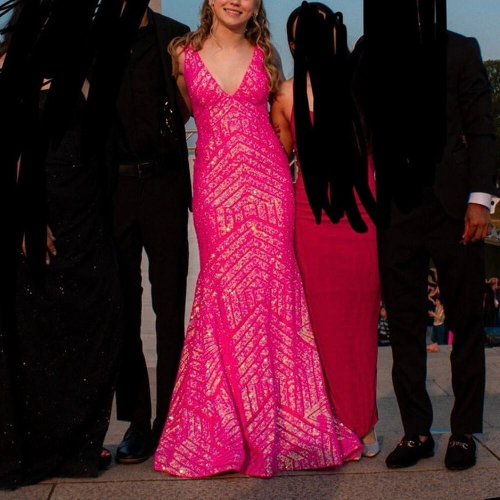 Jovani 59762 Hot Pink Sequin Mermaid Prom Gown Dress Size 2 - Picture 2 of 4